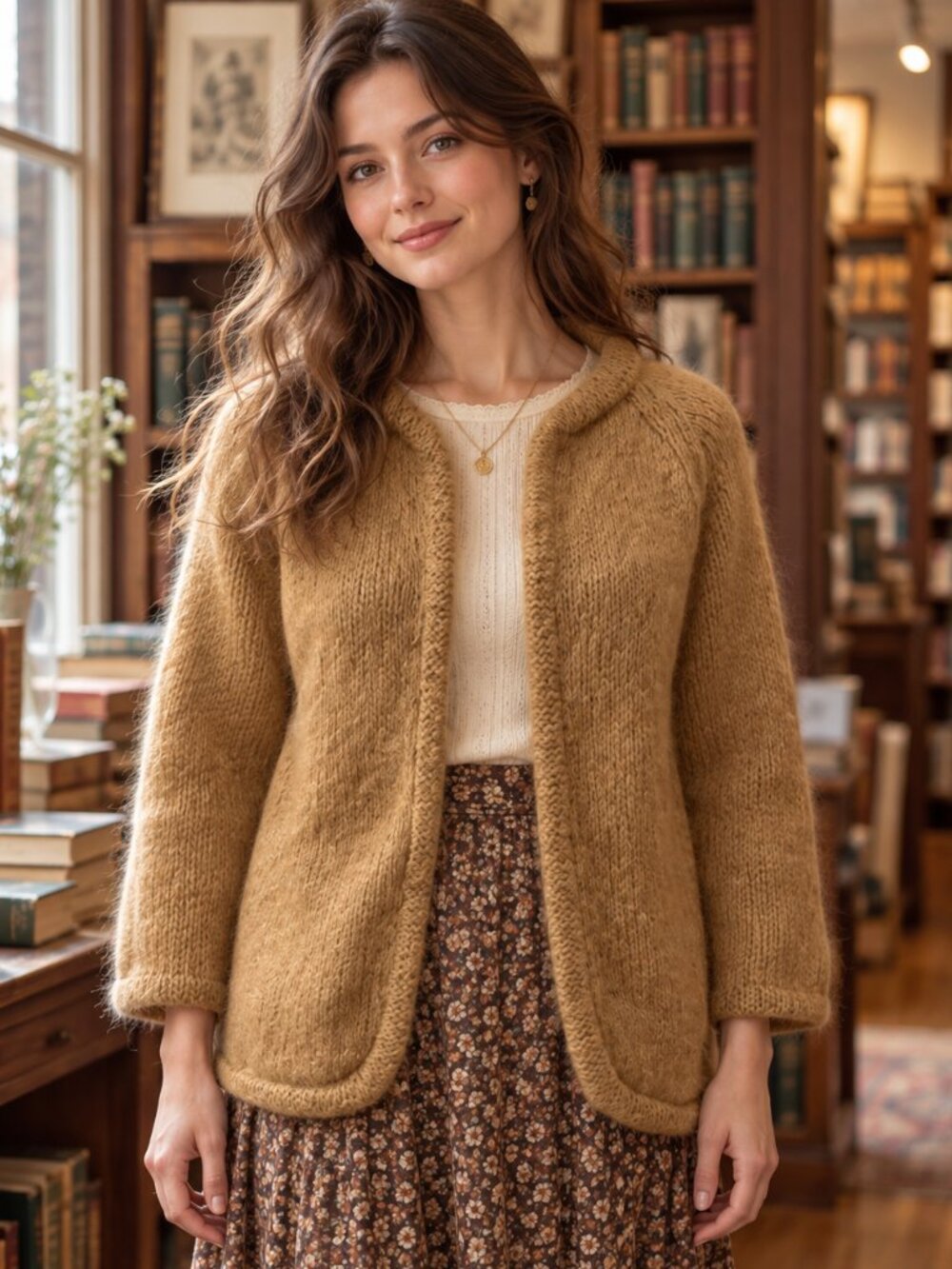 Vintage Italian Mohair Wool Cardigan Camel Open Front Handmade Sweater S/M
